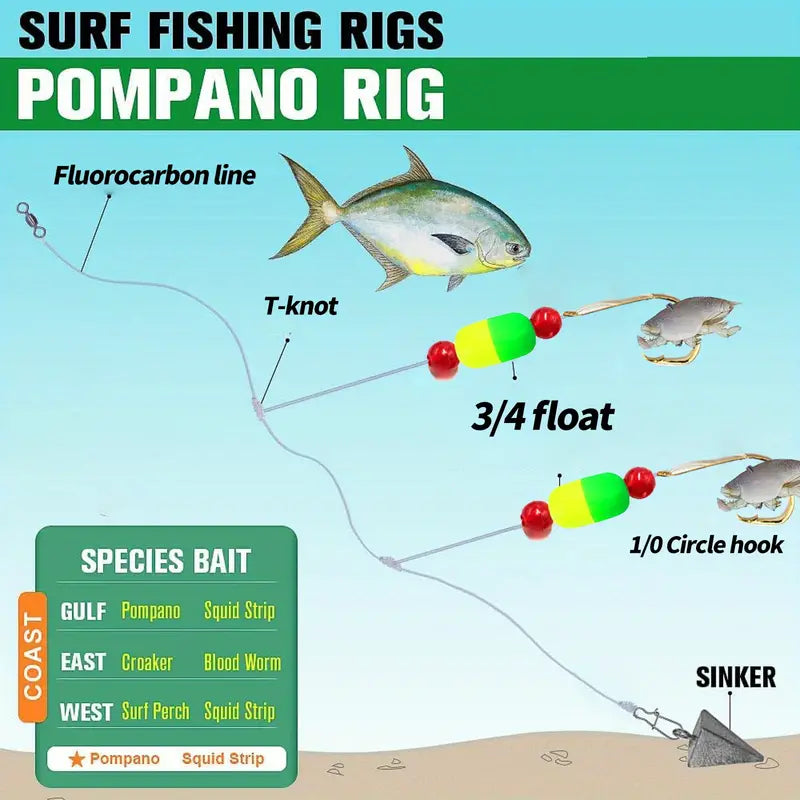 Fluorocarbon Pompano Rigs Set For Surf Fishing, 30LB Fluorocarbon Floats Rig With and Without Sinker, Saltwater Double Drops For Surf Fishing,