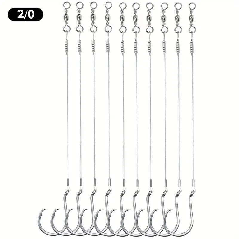 As a trusted leader in the industry, our 2-piece Octopus Style circle hook set offers unmatched strength and durability. Made with saltwater resistant material and a leader wire, this set is perfect for any fishing excursion. Don't settle for anything less than the best with our powerful and reliable hook set. (Set of Two)