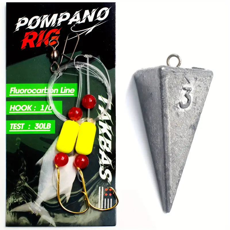 surf fishing pompano rig, 25 Lb Fluorocarbon , 1/0 Hook, (4 Rings)