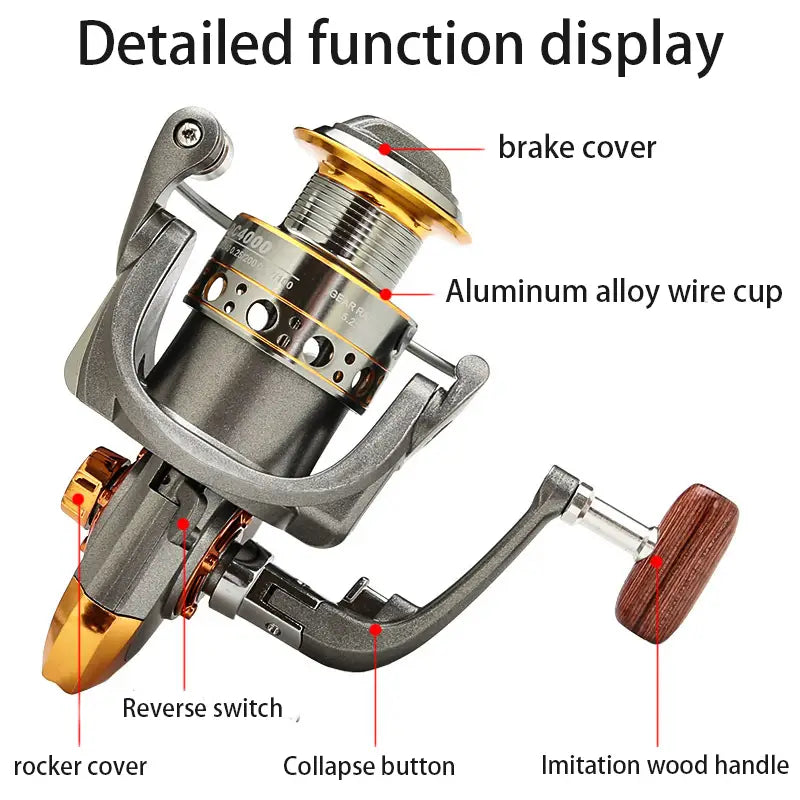 DC 7000 Series  5:2:1 Speed Ratio Fishing Reel (Silver/Gold/Wood)