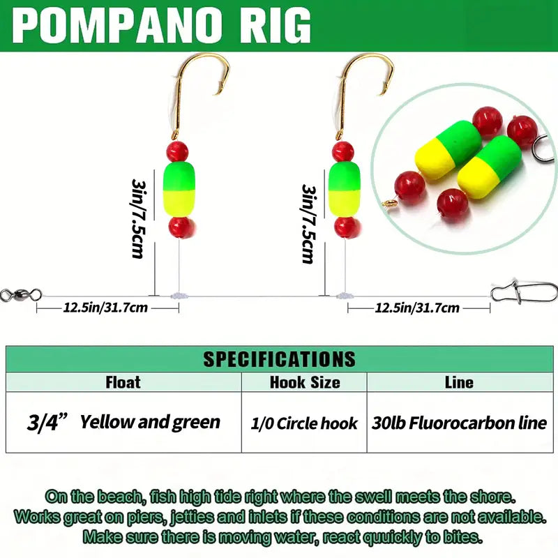 Fluorocarbon Pompano Rigs Set For Surf Fishing, 30LB Fluorocarbon Floats Rig With and Without Sinker, Saltwater Double Drops For Surf Fishing,